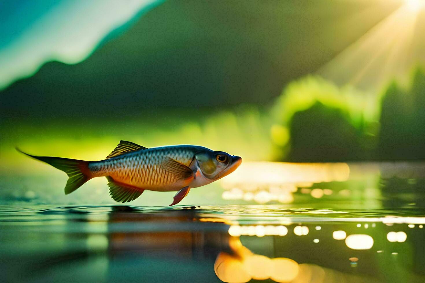 a fish is standing on the water with the sun shining. AI-Generated photo