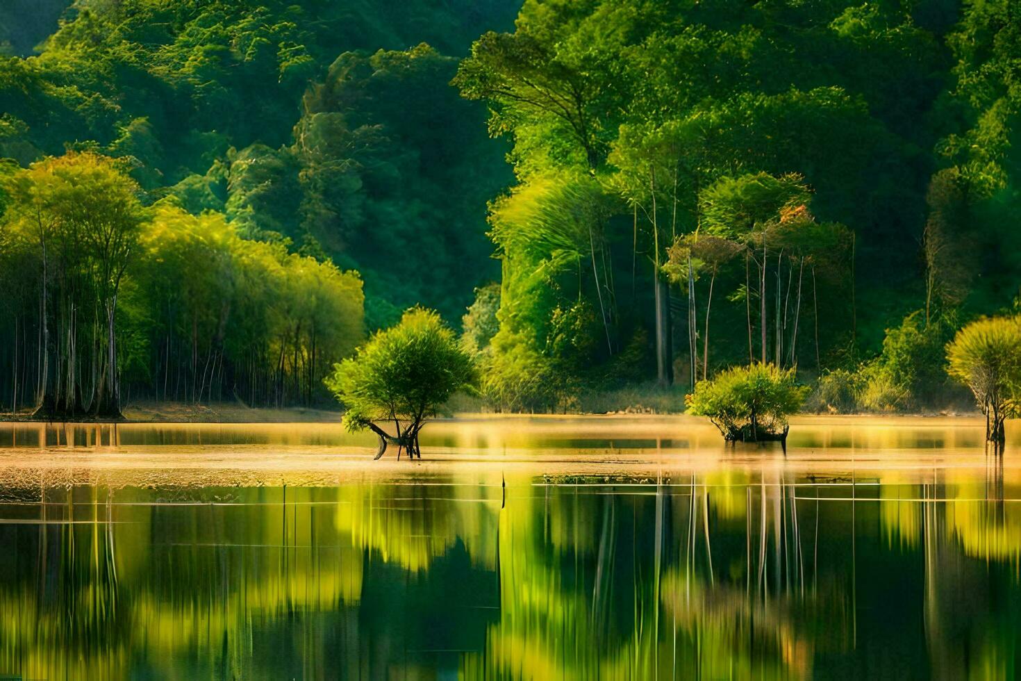 a lake surrounded by trees and green forest. AI-Generated photo