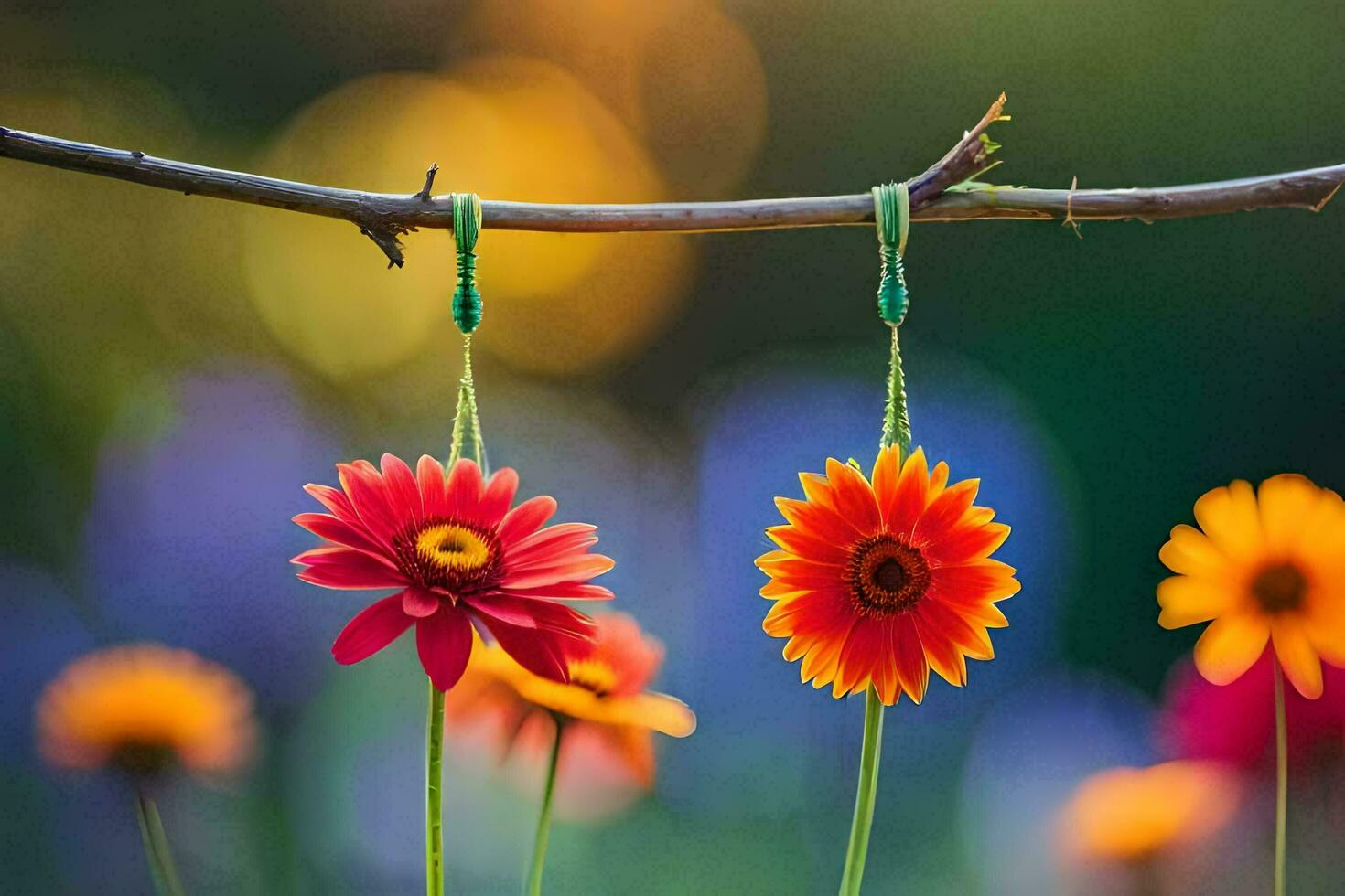 two colorful flowers hanging from a branch. AI-Generated photo