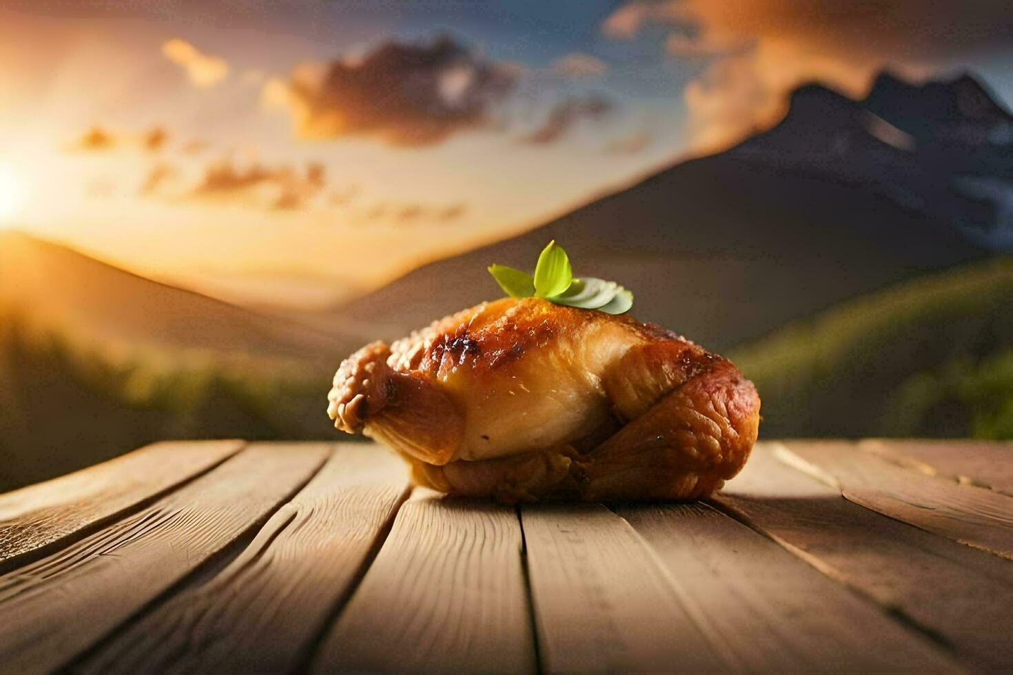 chicken on the table in the mountains. AI-Generated photo