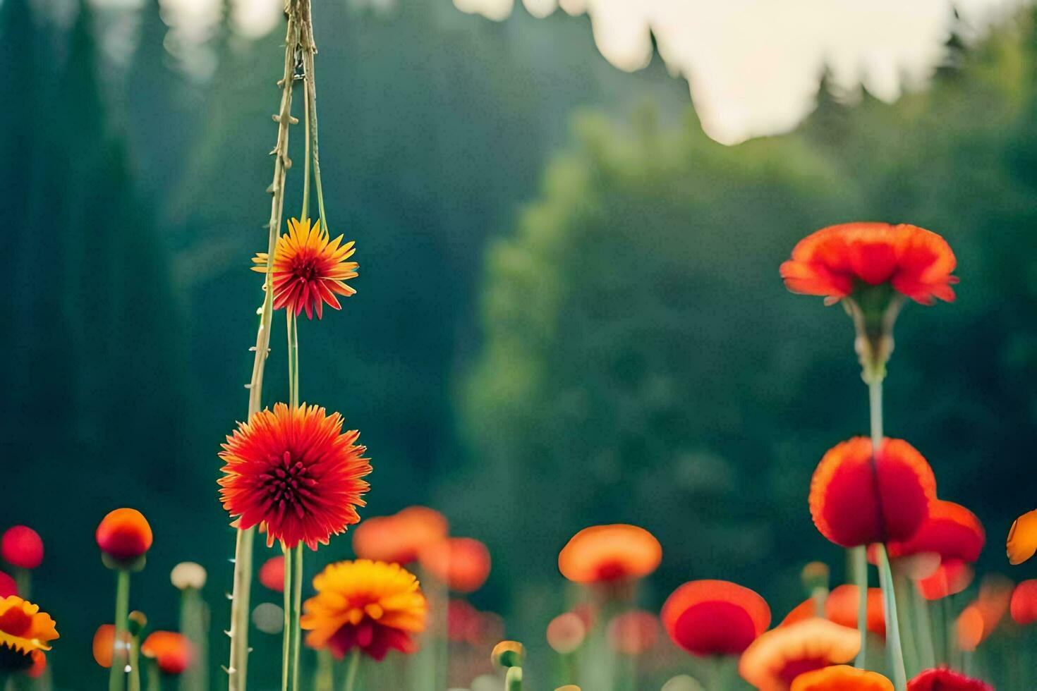 flowers in a field with trees in the background. AI-Generated photo