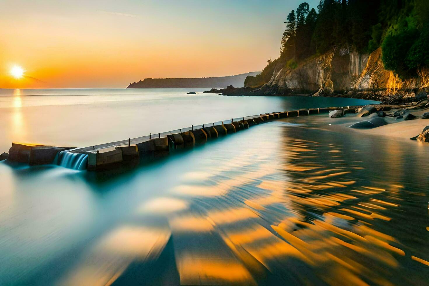 un largo exposición fotografía de un playa a puesta de sol. generado por ai foto