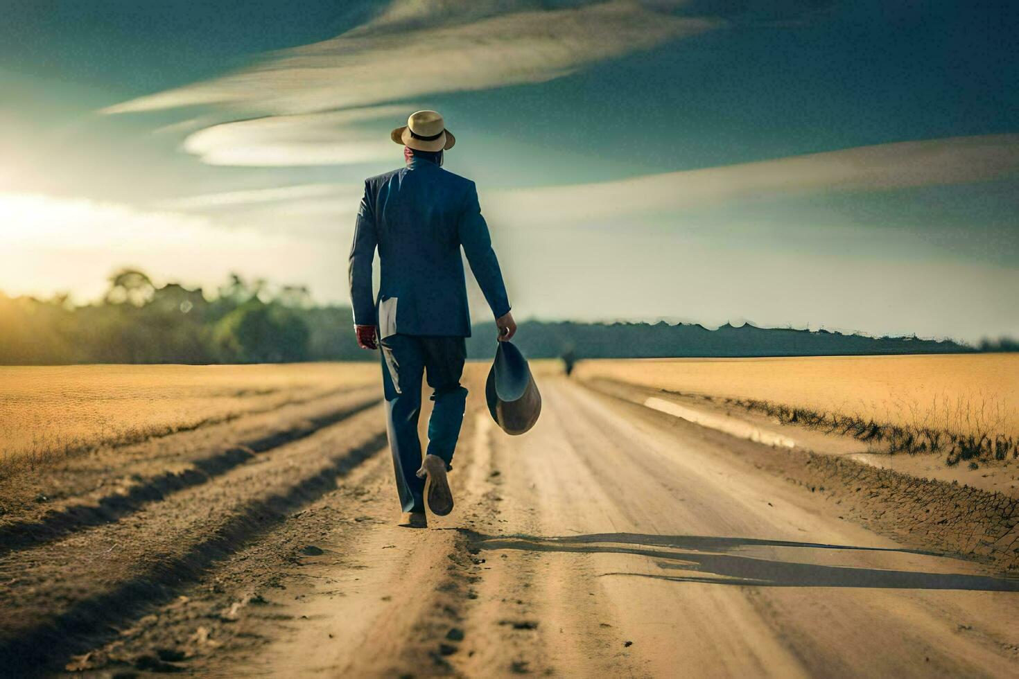 a man in a suit and hat walking down a dirt road. AI-Generated photo