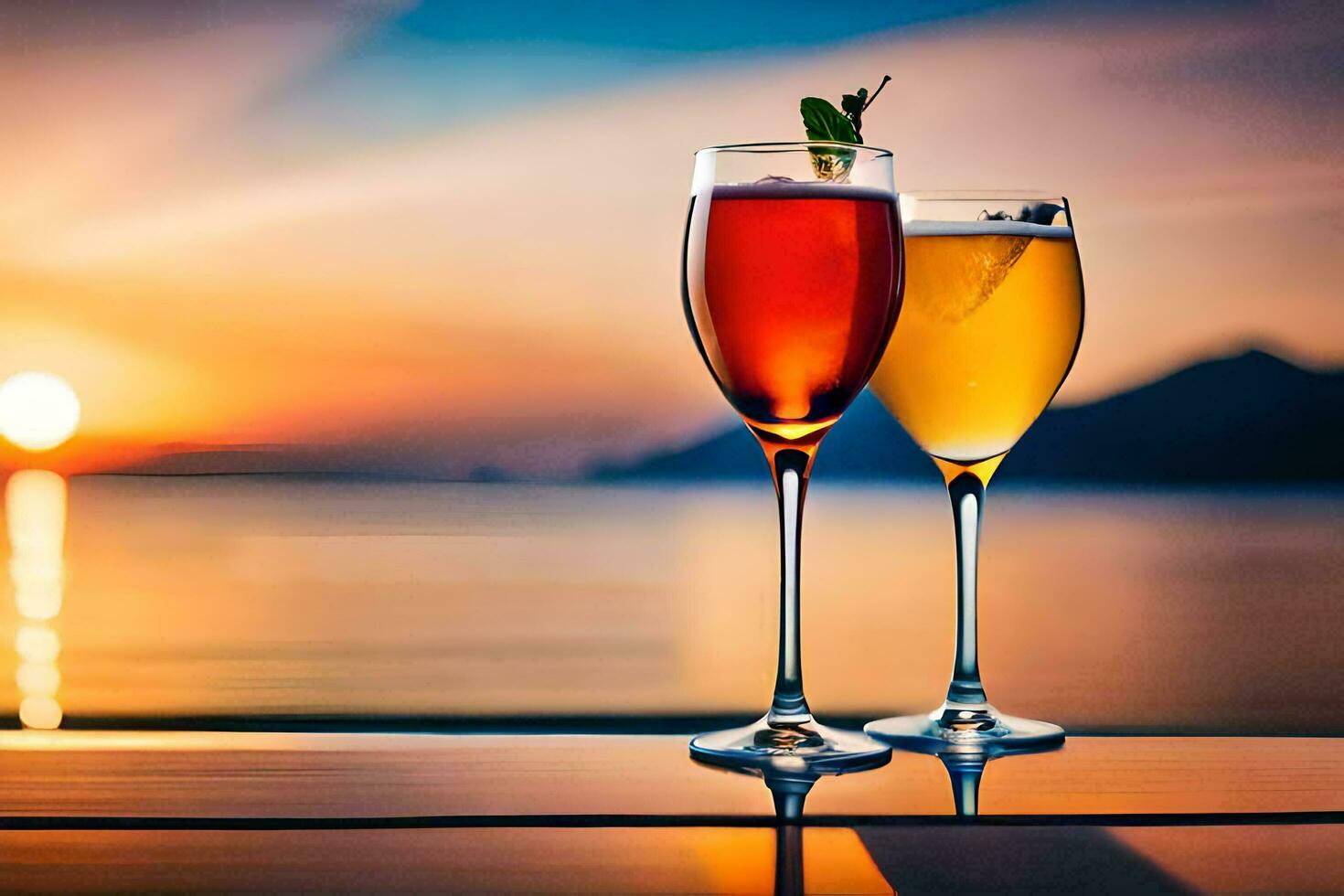 two glasses of wine with sunset in the background. AI-Generated photo