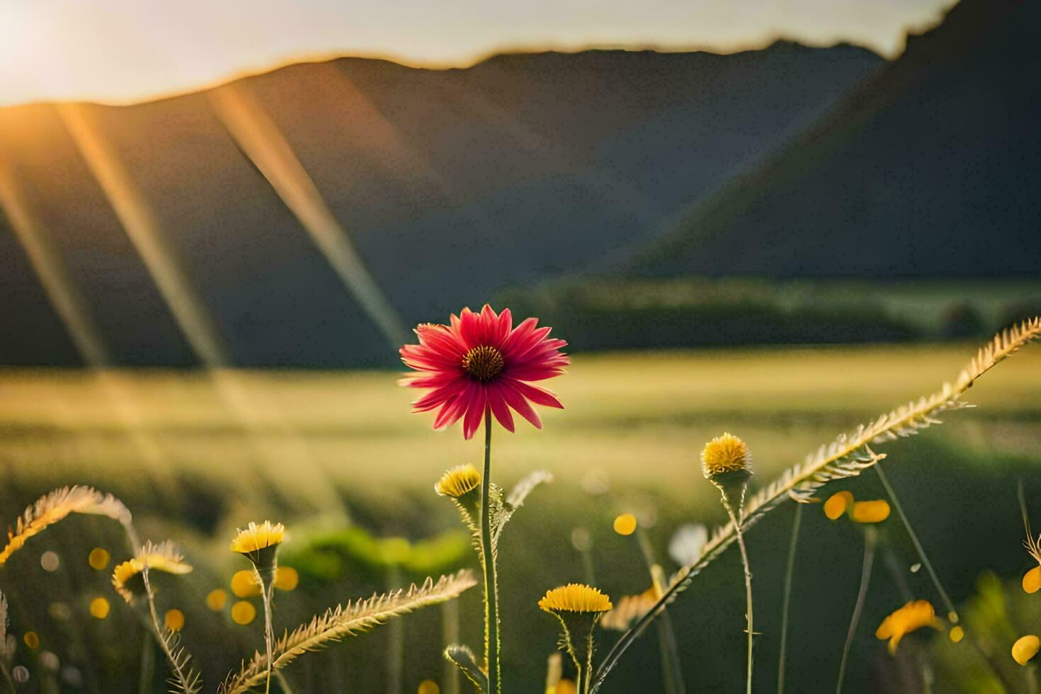 a flower in a field with mountains in the background. AI-Generated photo