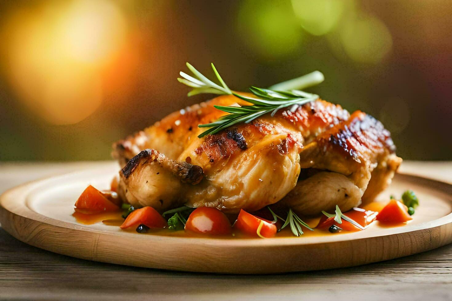 a chicken on a plate with tomatoes and herbs. AI-Generated photo