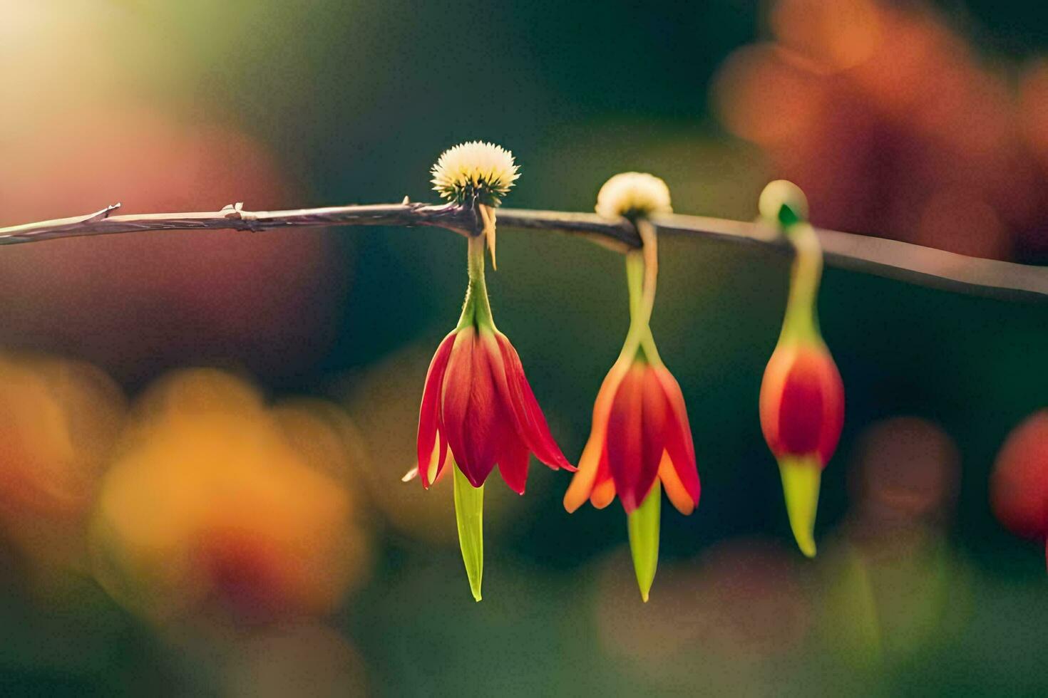 rojo flores en un rama con un borroso antecedentes. generado por ai foto