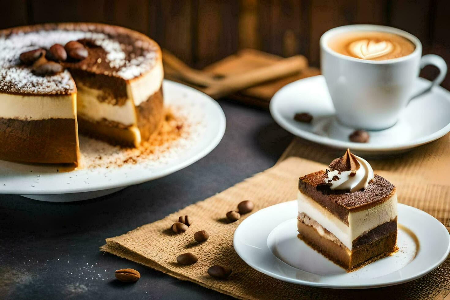 un rebanada de pastel con café frijoles y un taza de café. generado por ai foto