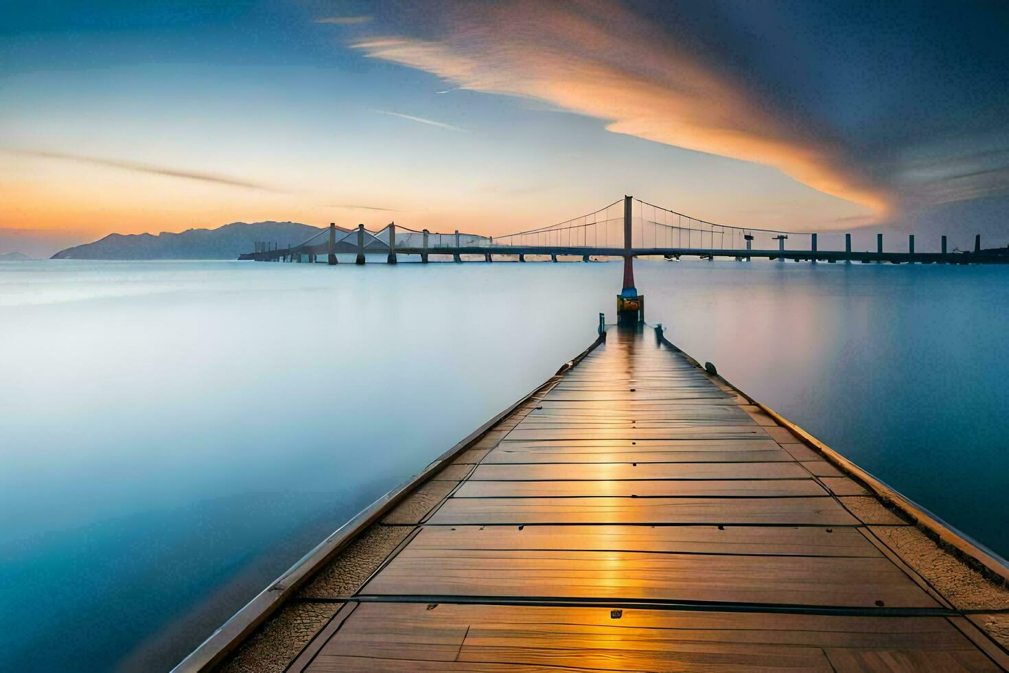 a long pier stretching into the ocean at sunset. AI-Generated photo