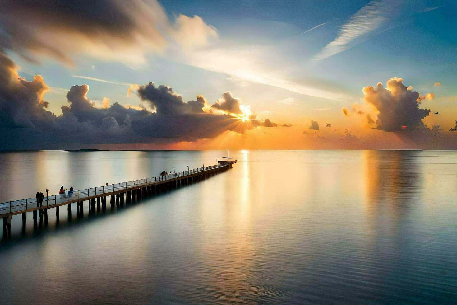 a pier with a long bridge over water. AI-Generated photo