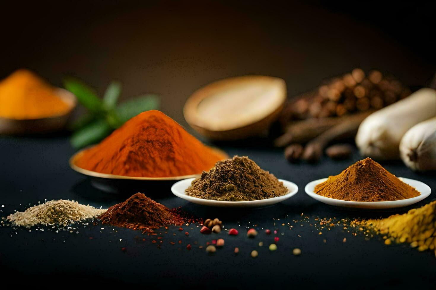 various spices and spices on a black background. AI-Generated photo