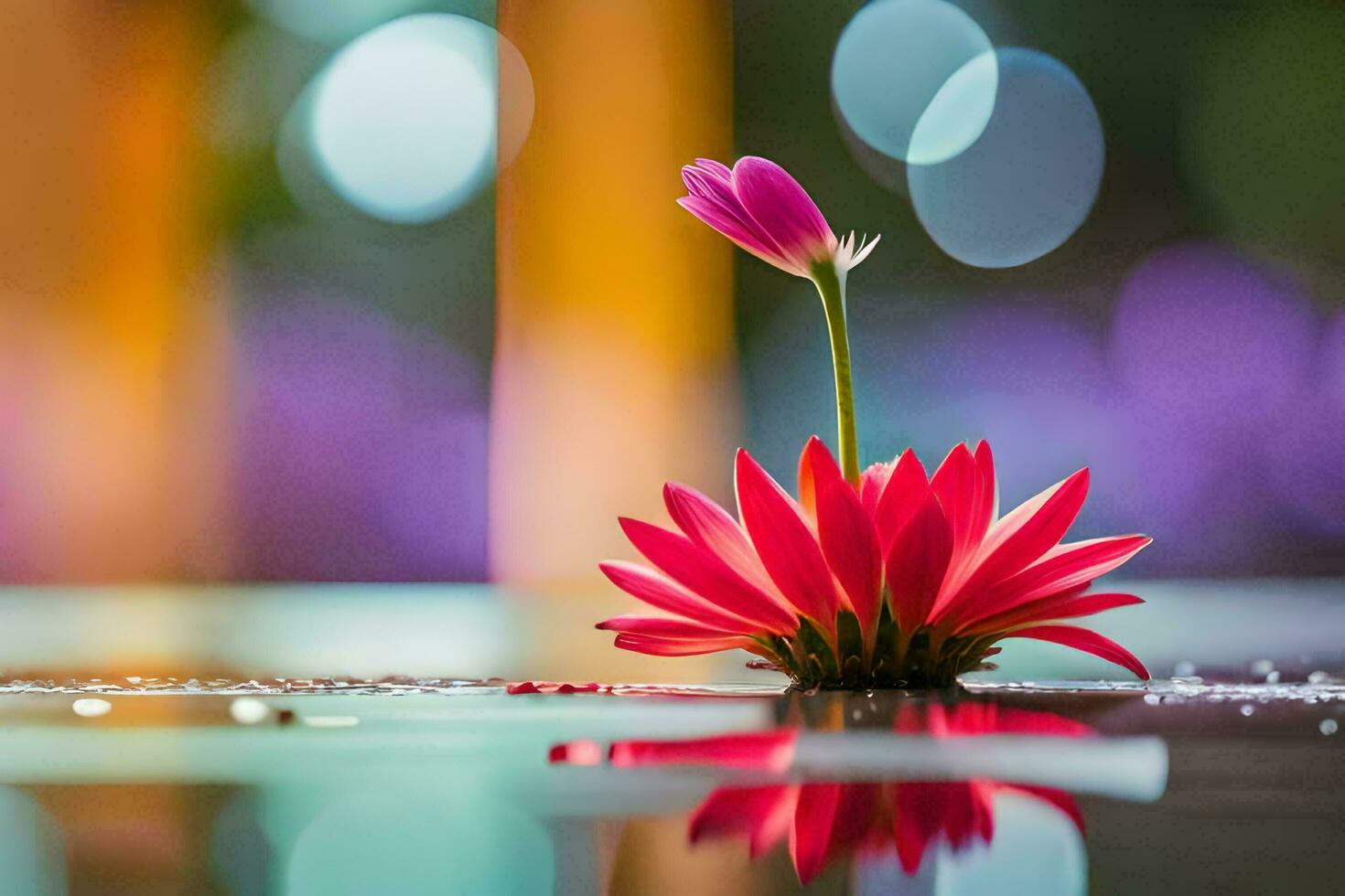 a single red flower is sitting on top of a water surface. AI-Generated photo