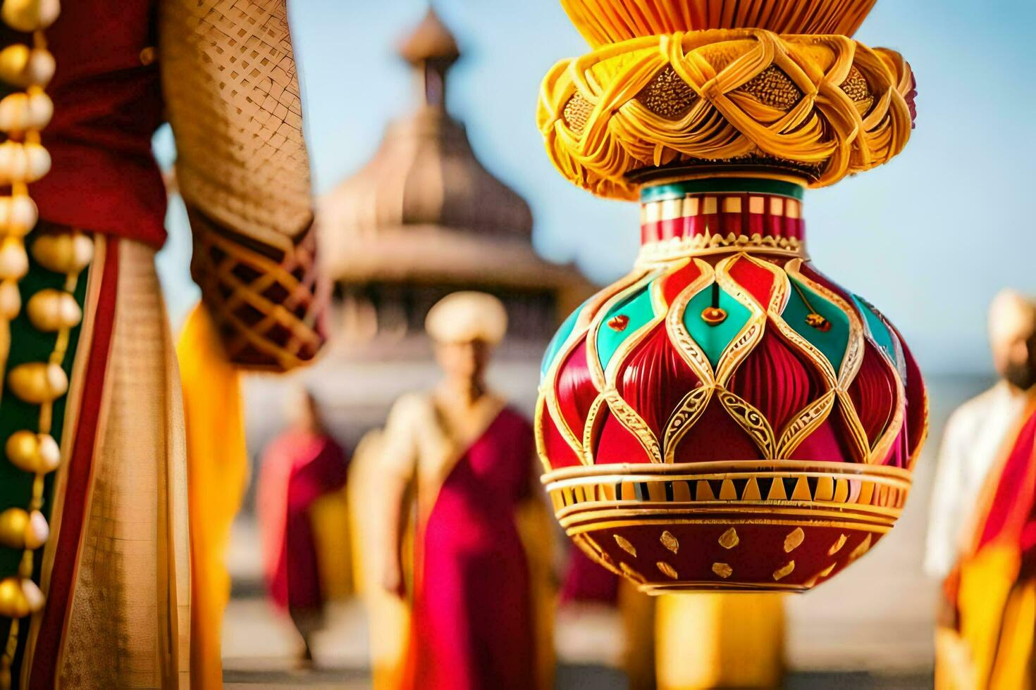 a large red and gold ornament hanging from a pole. AI-Generated photo