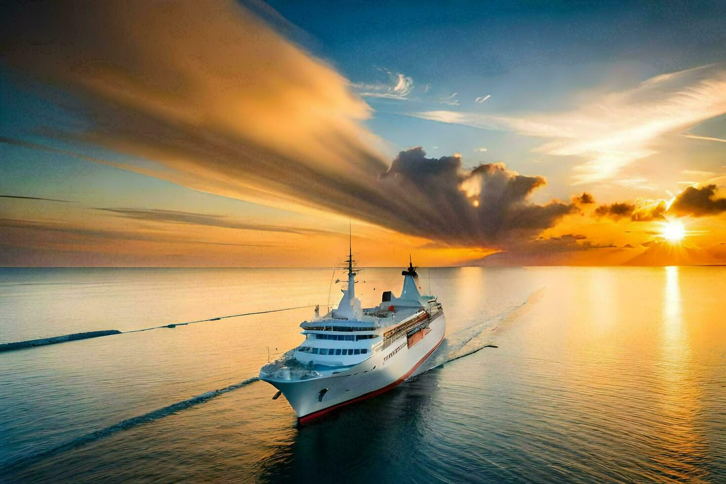 a cruise ship sailing in the ocean at sunset. AI-Generated photo