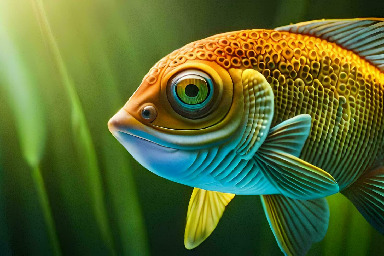 a fish with big eyes and a green background. AI-Generated photo