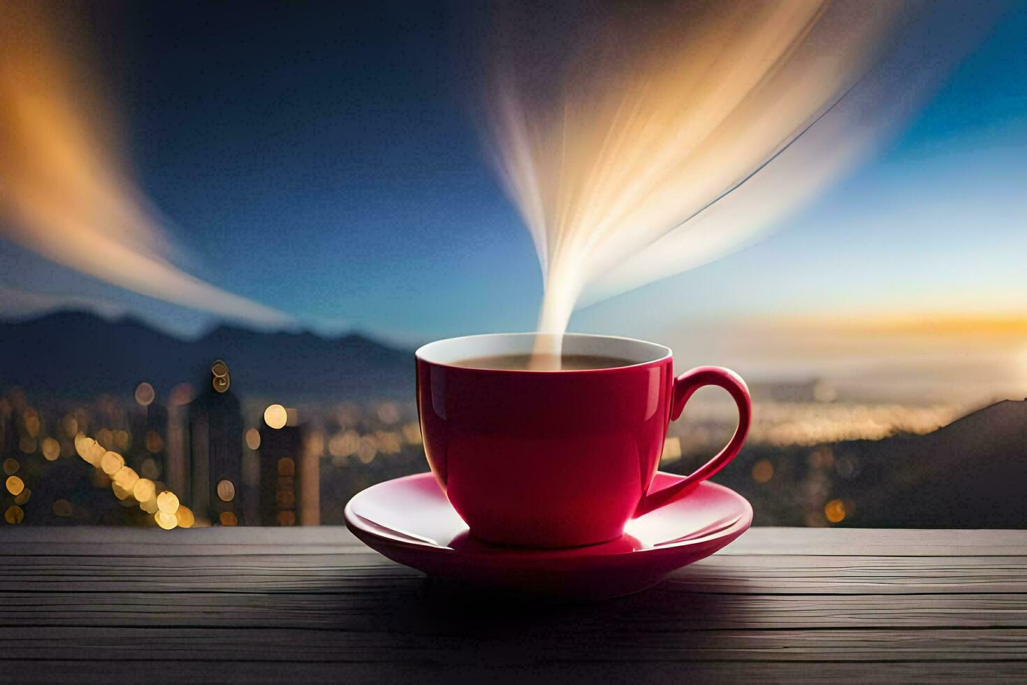 a cup of coffee on a table with a city in the background. AI-Generated photo