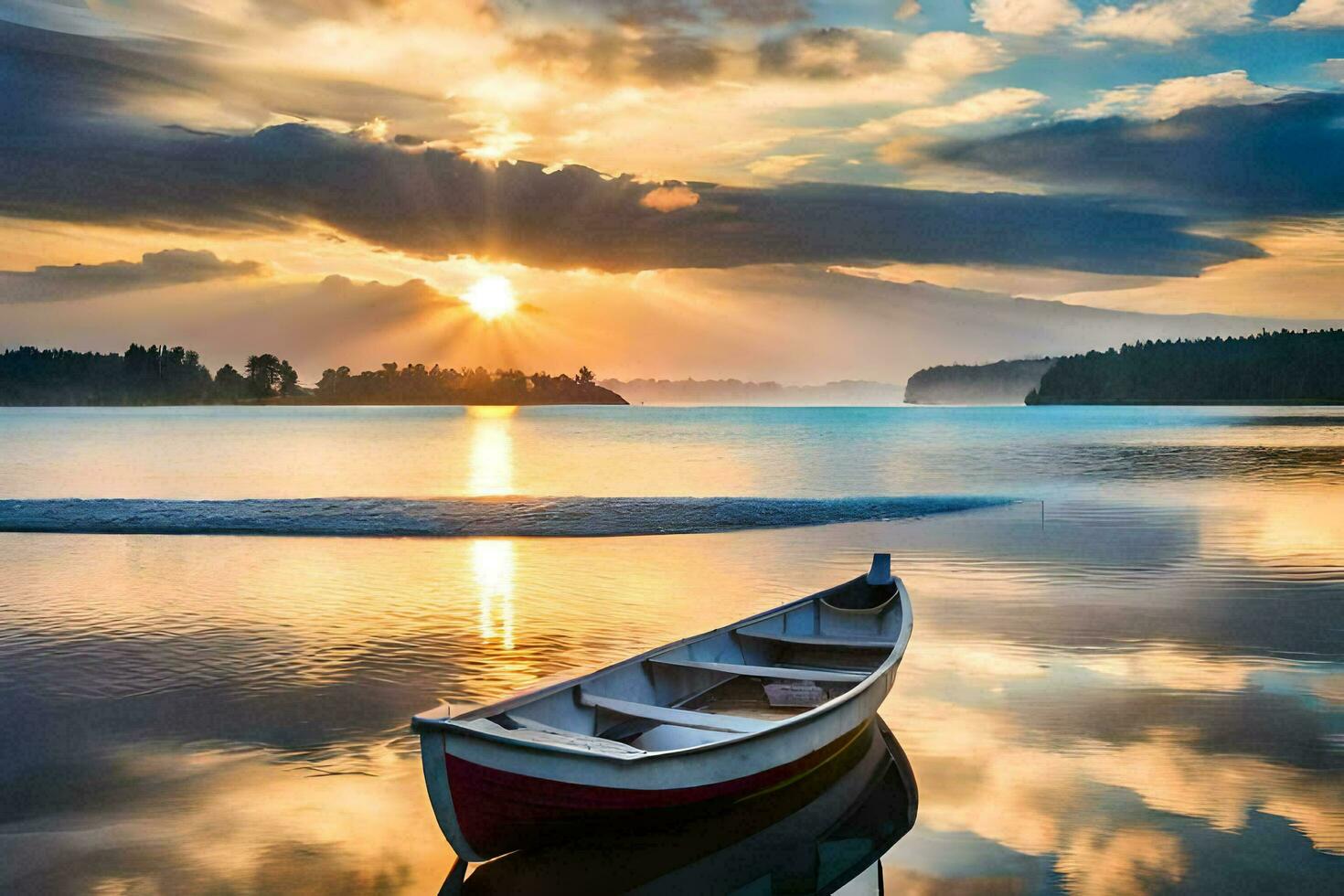 the boat on the lake at sunset. AI-Generated photo