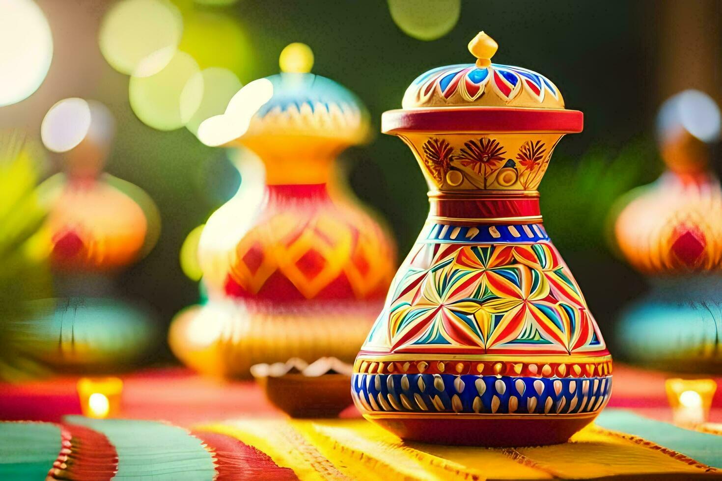 colorful vases on a table with candles. AI-Generated photo