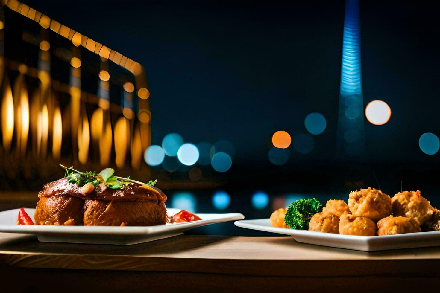 two plates of food with a view of the city. AI-Generated photo