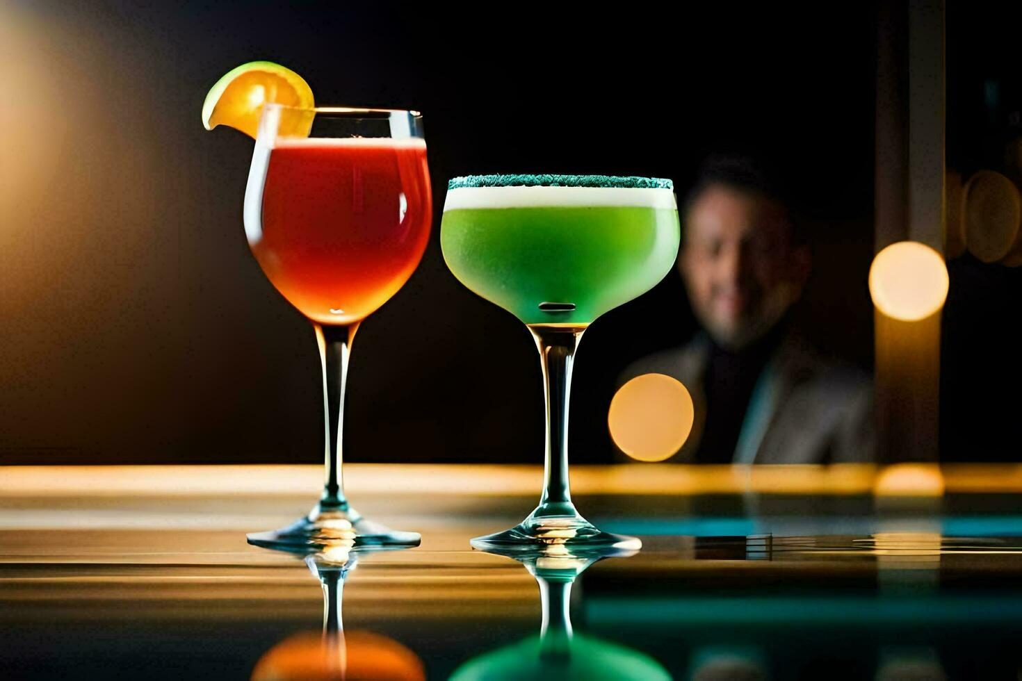 two glasses of different colored drinks on a bar. AI-Generated photo