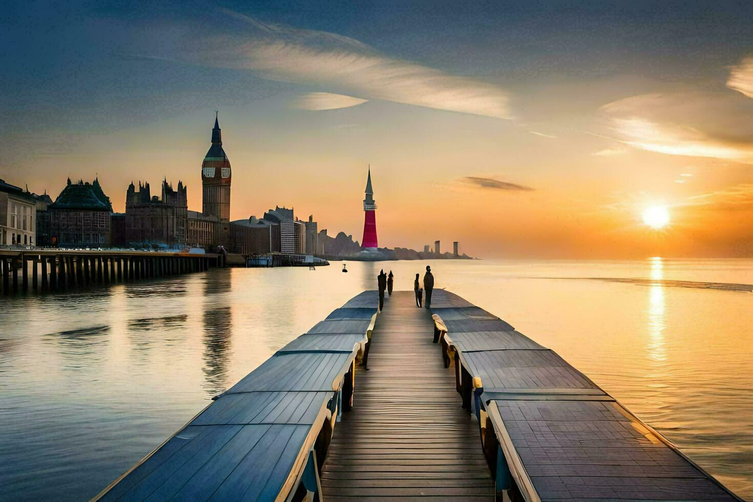 a pier with a bridge leading to the big ben clock tower. AI-Generated photo