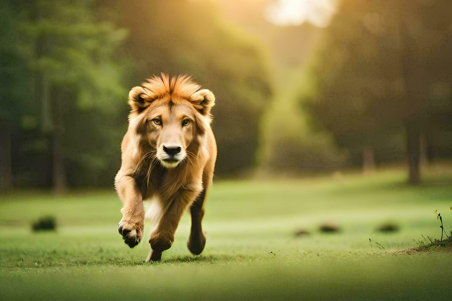 a lion running through a field. AI-Generated photo