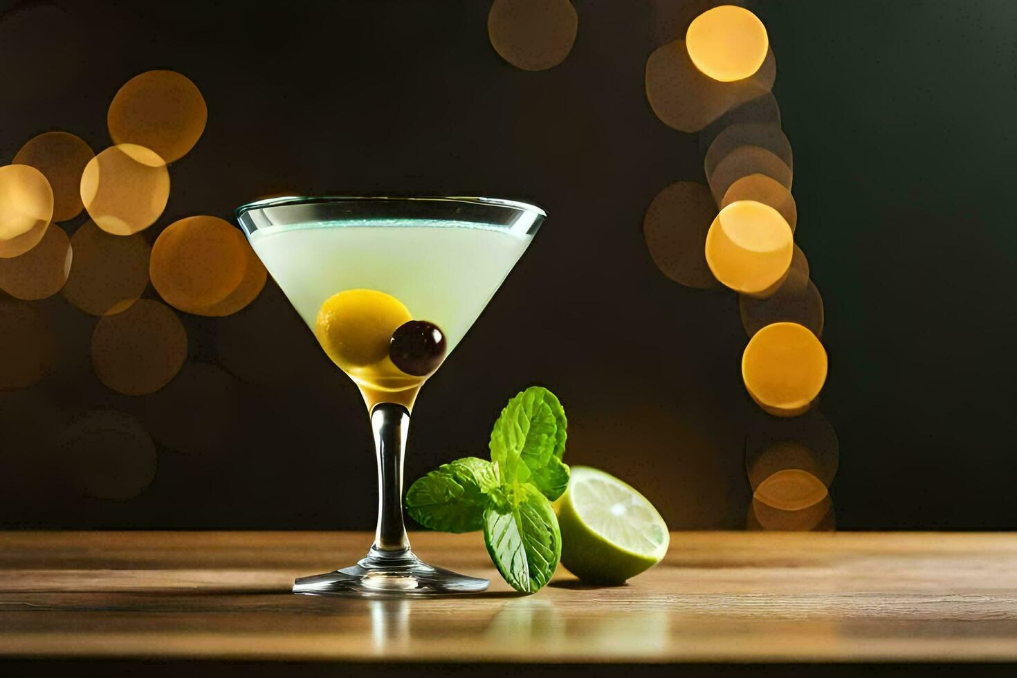 a martini with olives and mint on a wooden table. AI-Generated photo