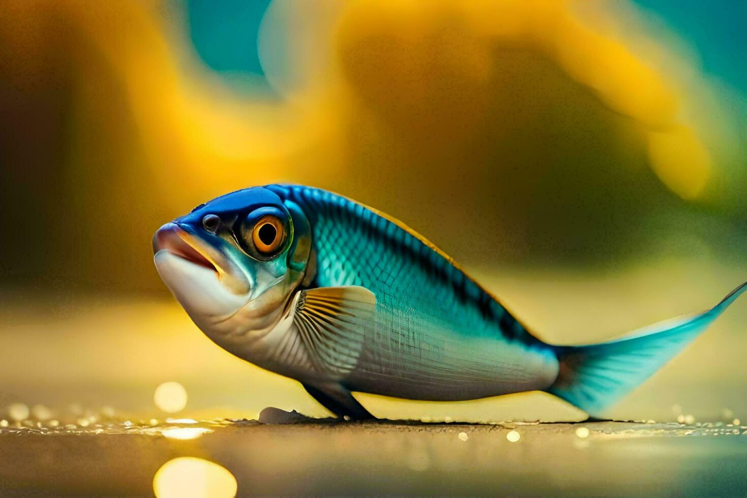 a fish is standing on the ground with a blurry background. AI-Generated photo