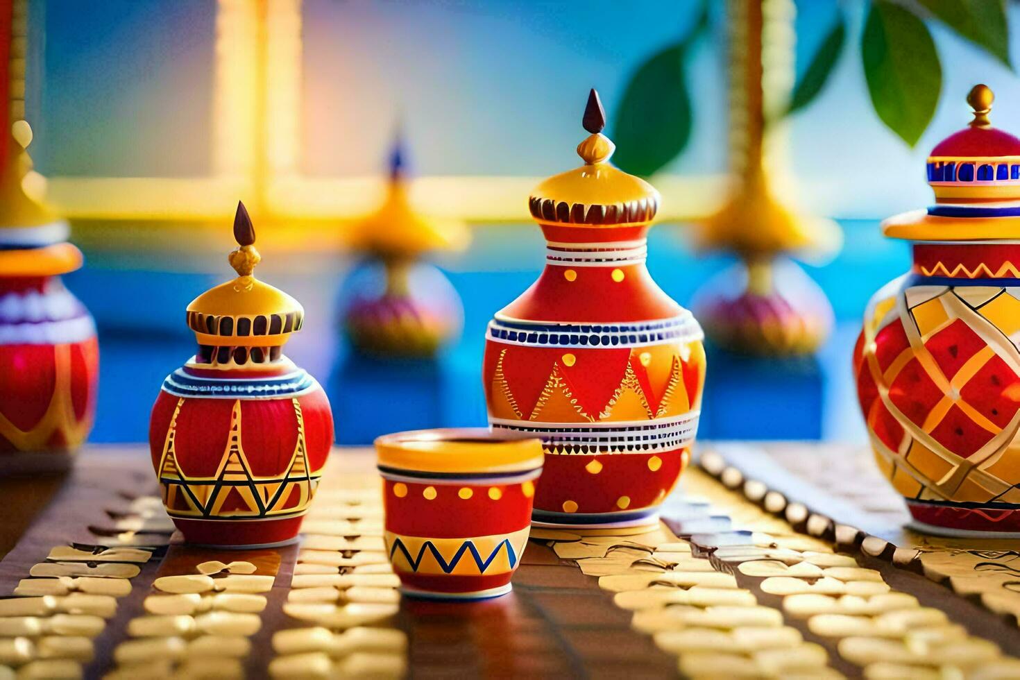 colorful vases and cups sit on a table. AI-Generated photo