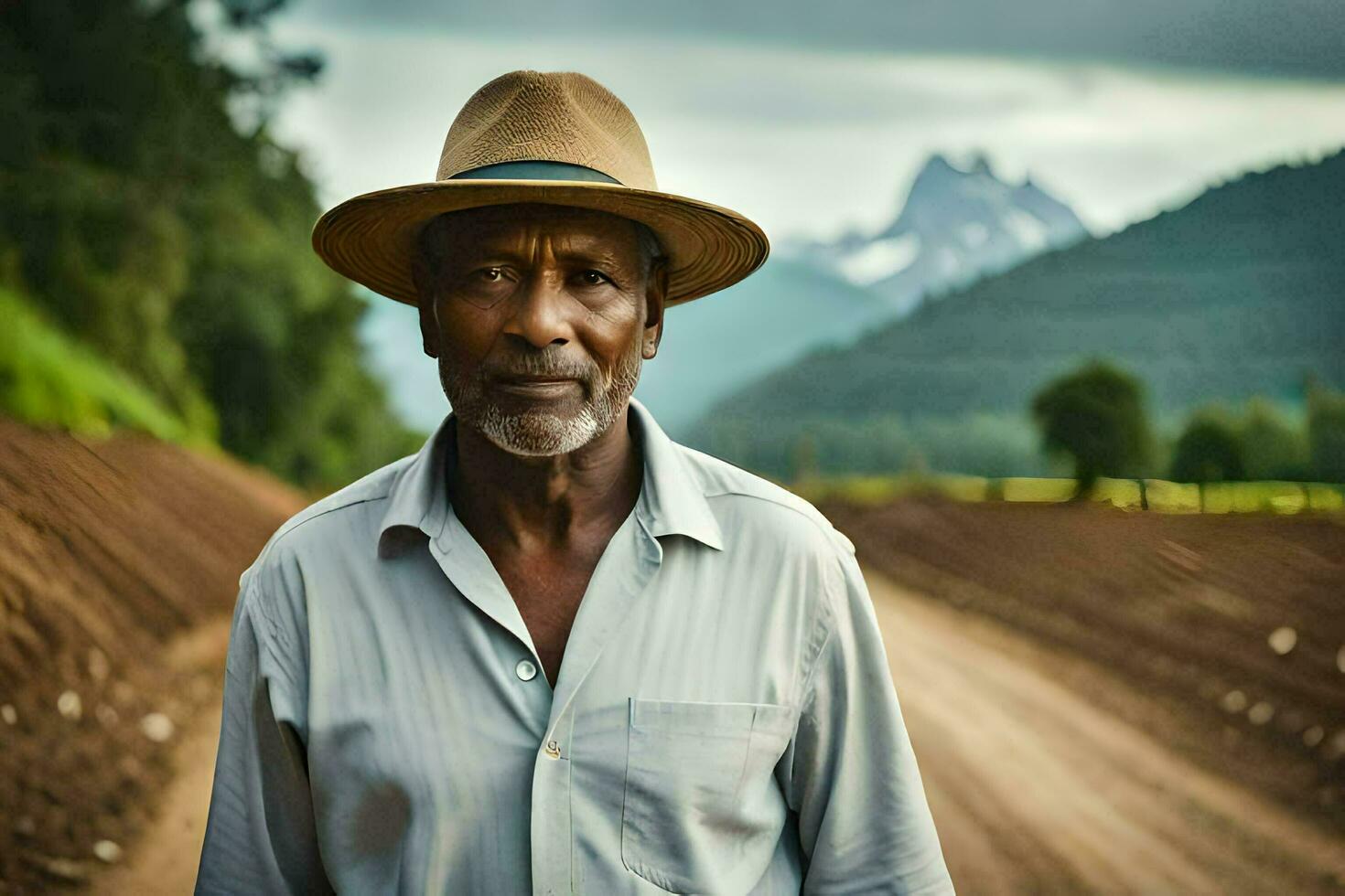 an older man in a hat standing in a dirt road. AI-Generated photo