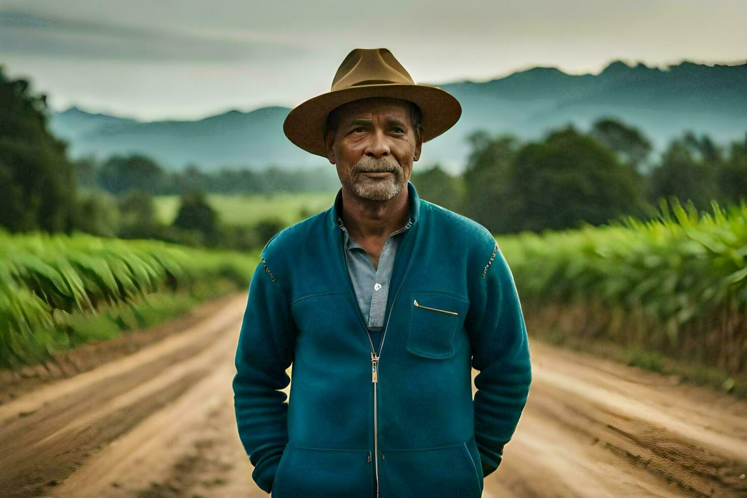 un hombre en un sombrero en pie en un suciedad la carretera. generado por ai foto