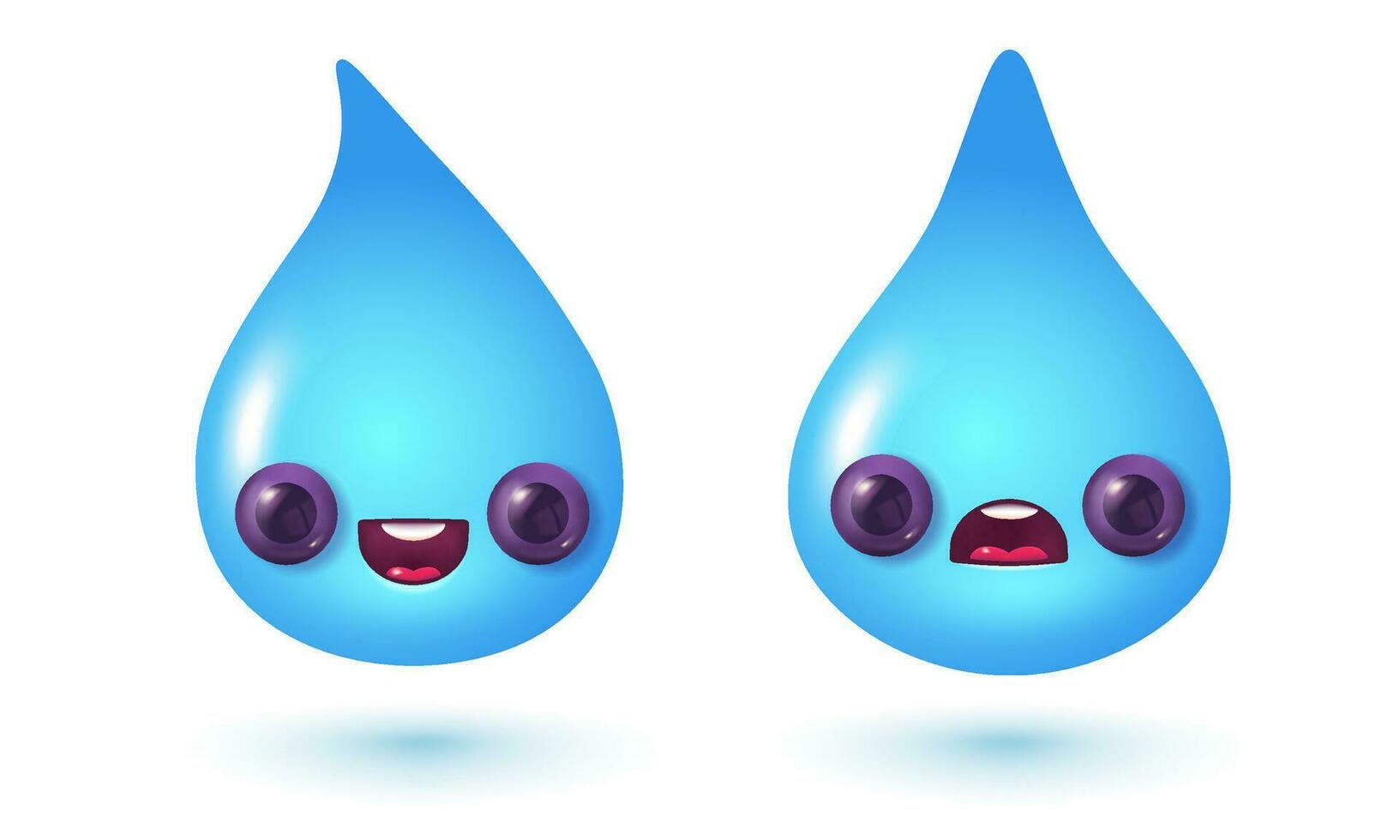 Vector illustration of kawaii water drops in 3D style. Vector set icons of kawaii rain drops in realistic style.