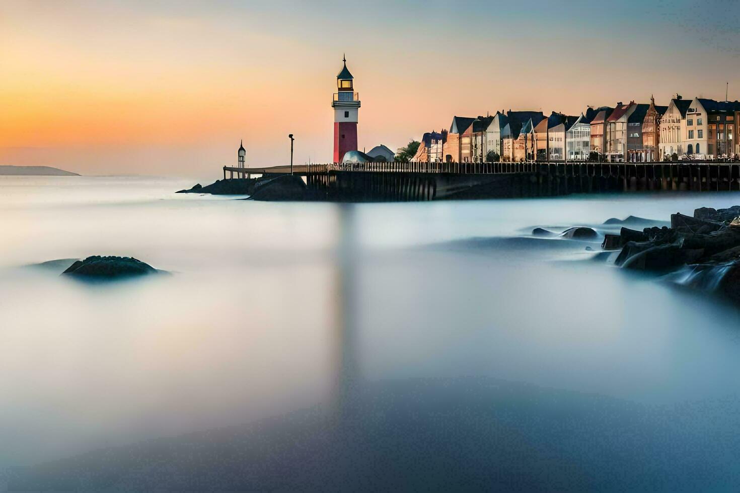 a long exposure photograph of a lighthouse at sunset. AI-Generated photo