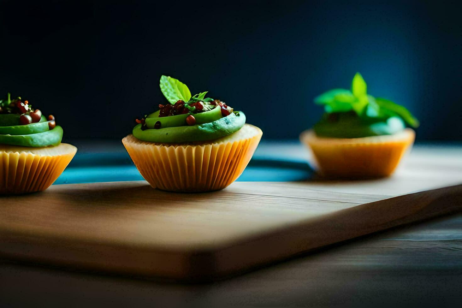 three cupcakes on a wooden board with green frosting. AI-Generated photo