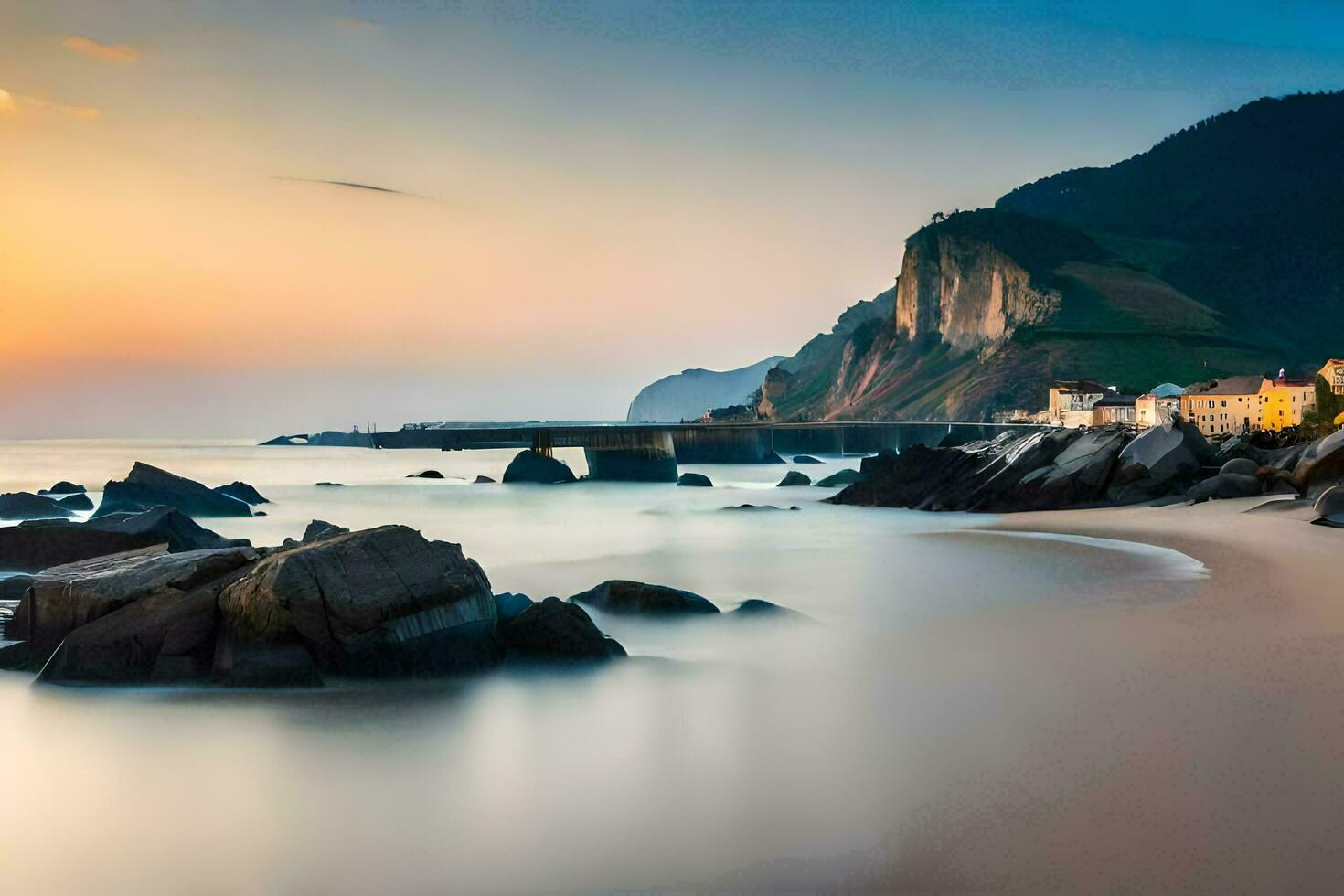 a beach with rocks and a house at sunset. AI-Generated photo