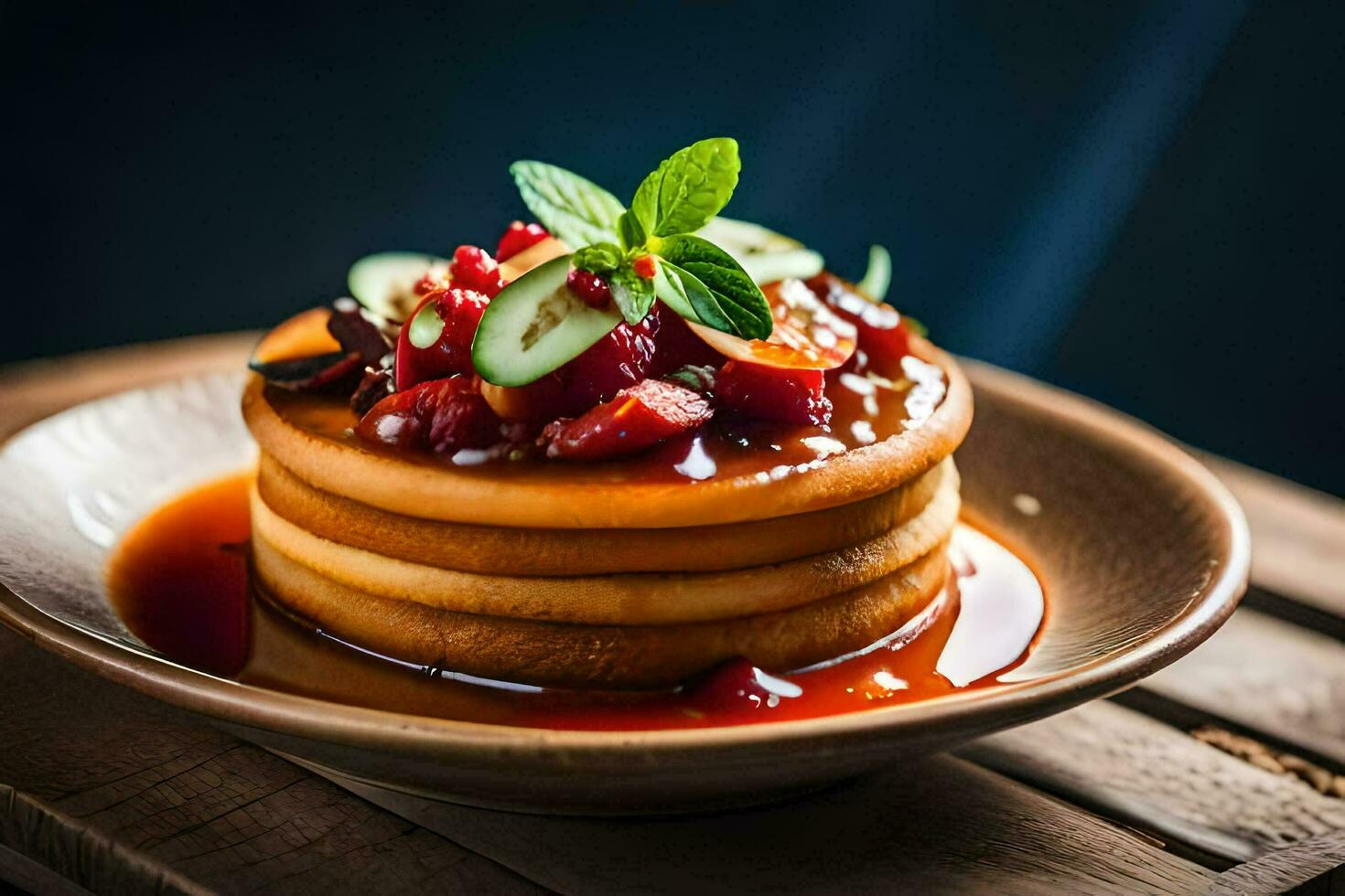 a stack of pancakes with sauce on top. AI-Generated photo