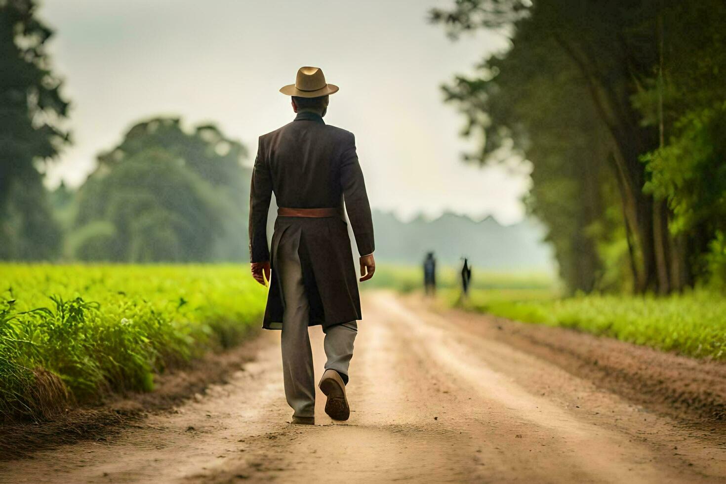 a man in a hat walks down a dirt road. AI-Generated photo
