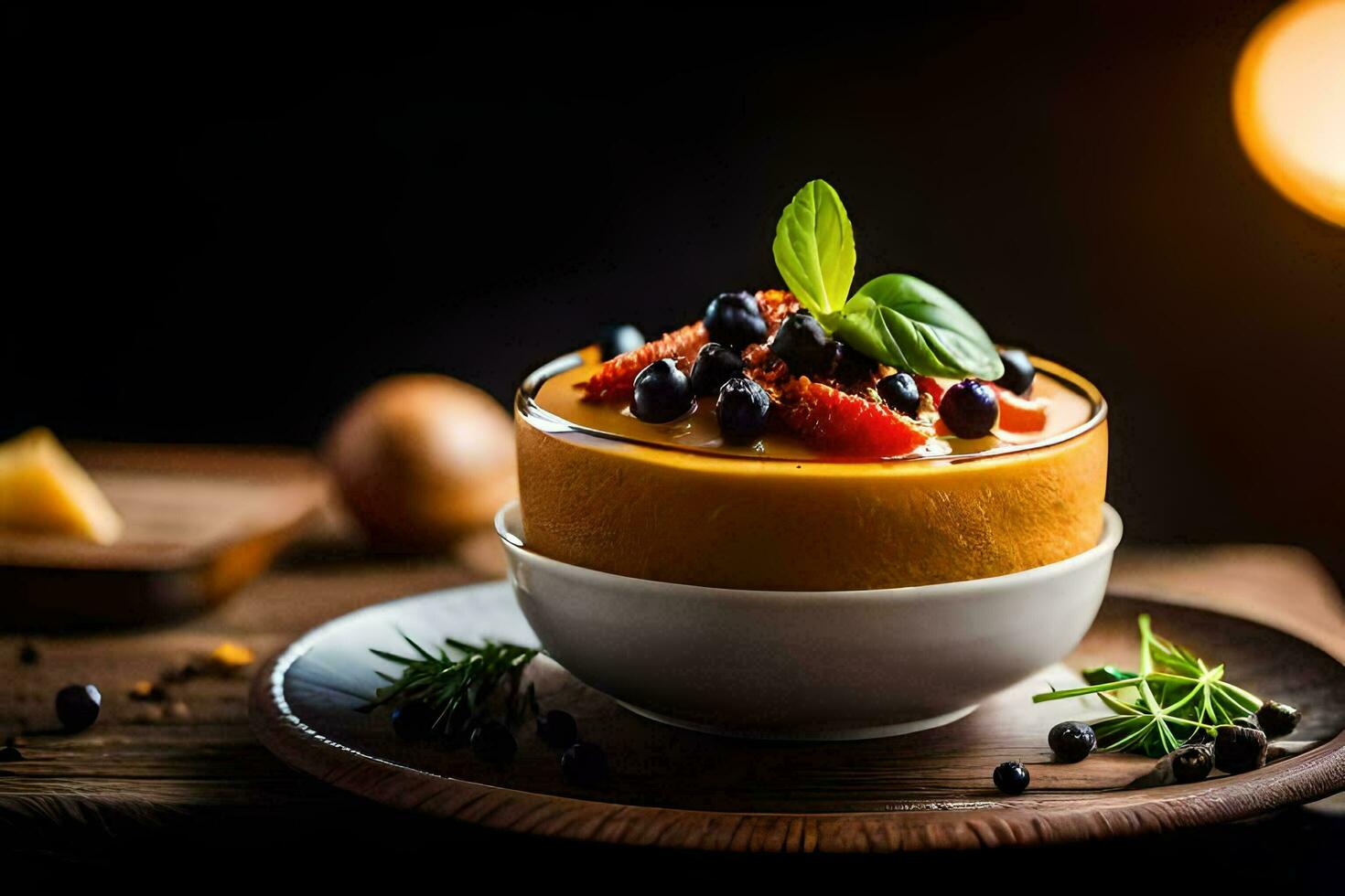 a dessert with fruit and spices on a wooden table. AI-Generated photo