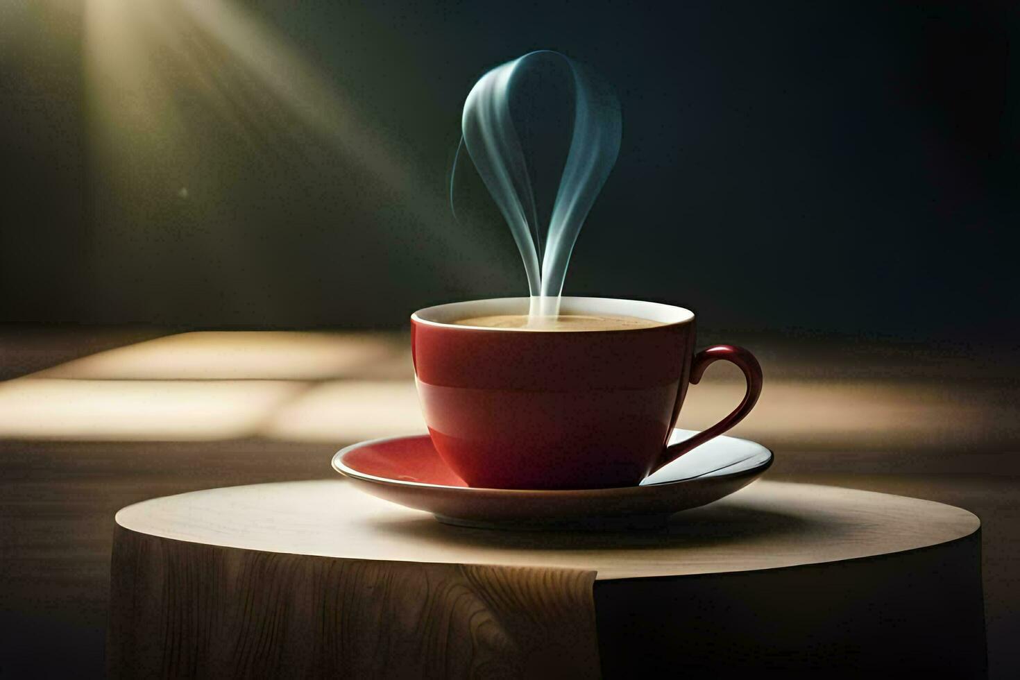 a cup of coffee on a table with steam coming out of it. AI-Generated photo