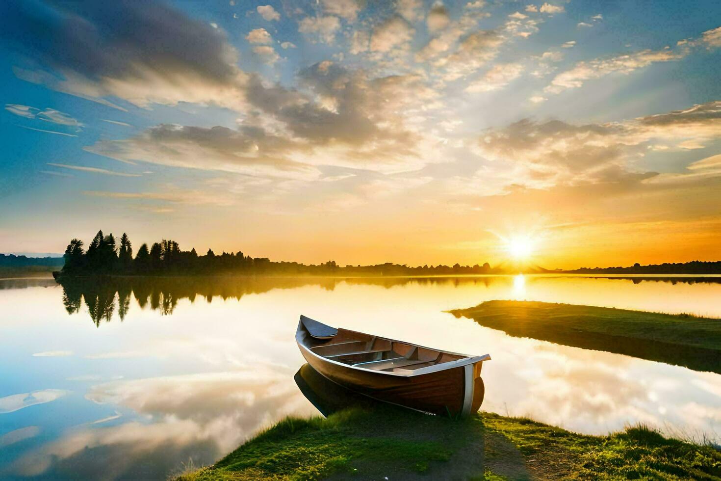 a boat on the lake at sunset. AI-Generated photo