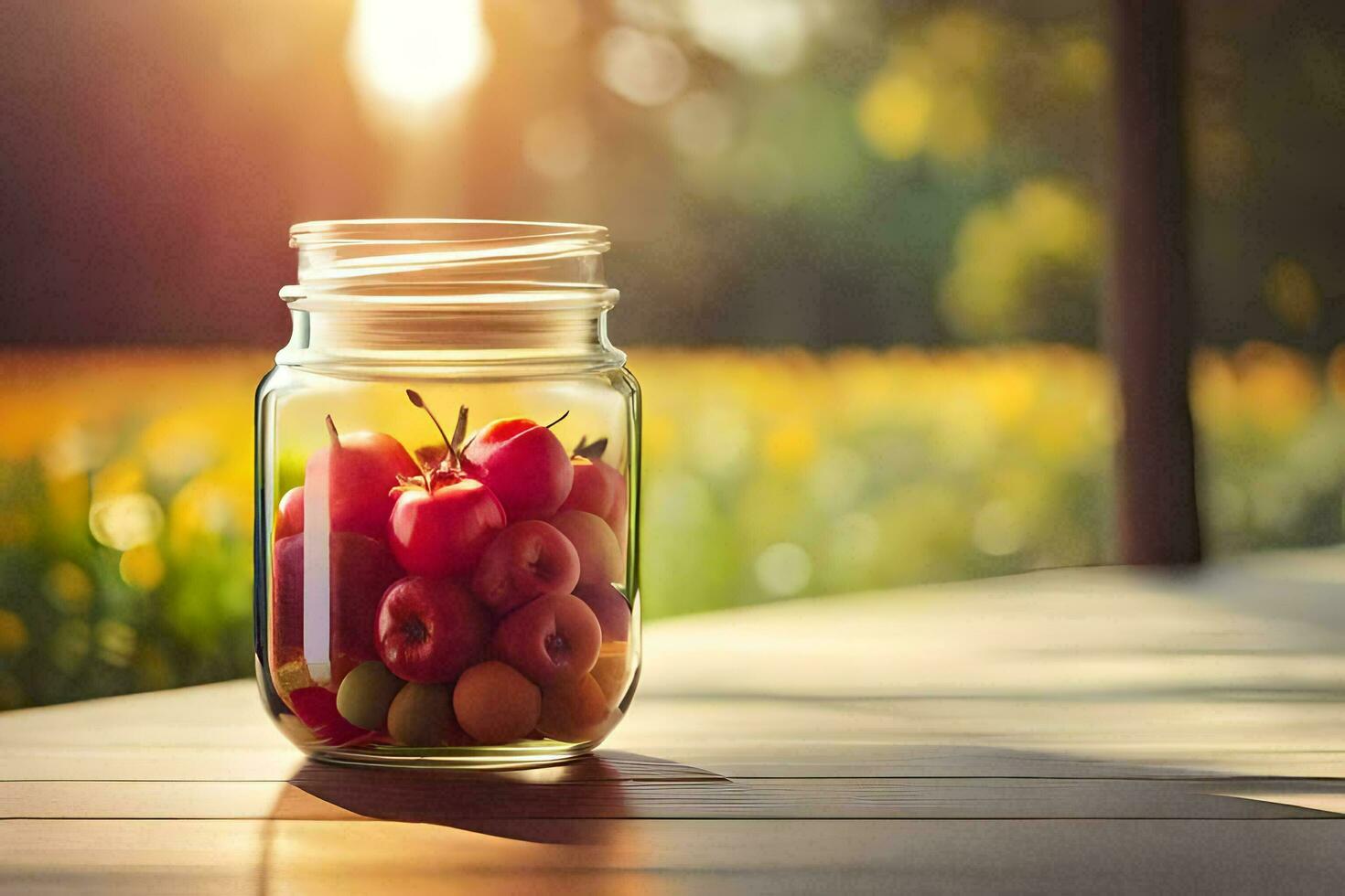 a jar filled with cherries and tomatoes on a table. AI-Generated photo