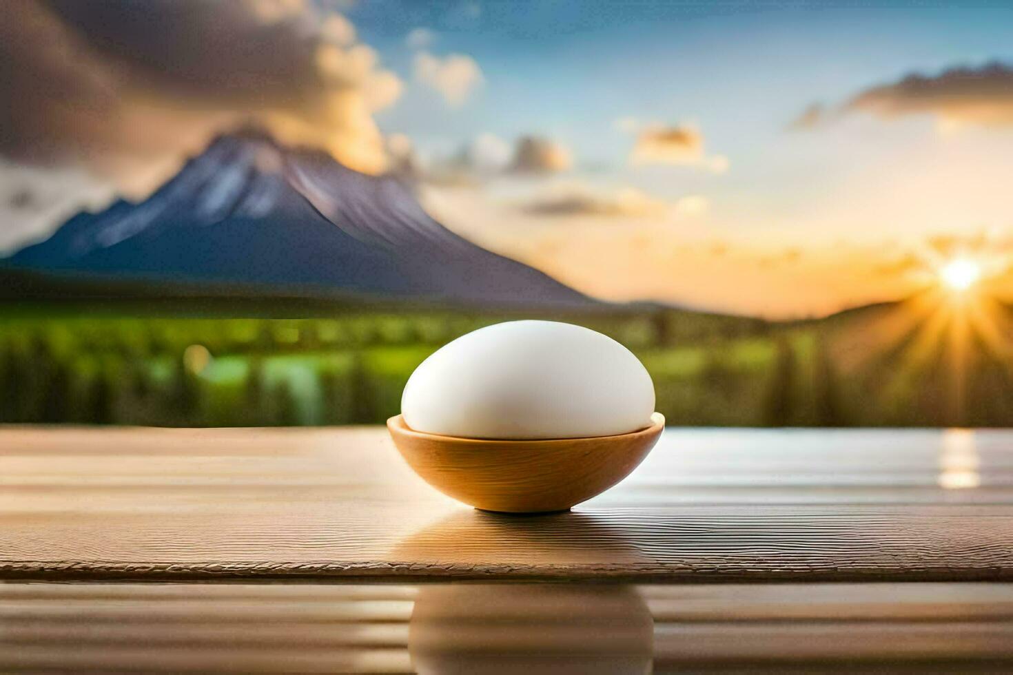 egg in a bowl on a wooden table with mountains in the background. AI-Generated photo