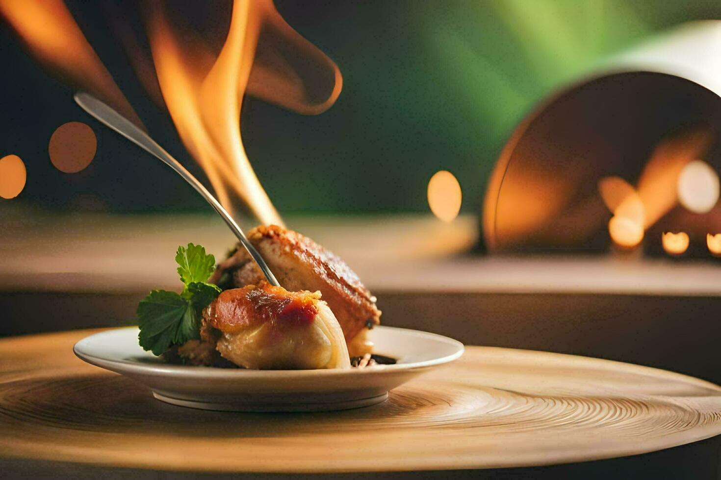 a plate with food on it and a fire burning. AI-Generated photo