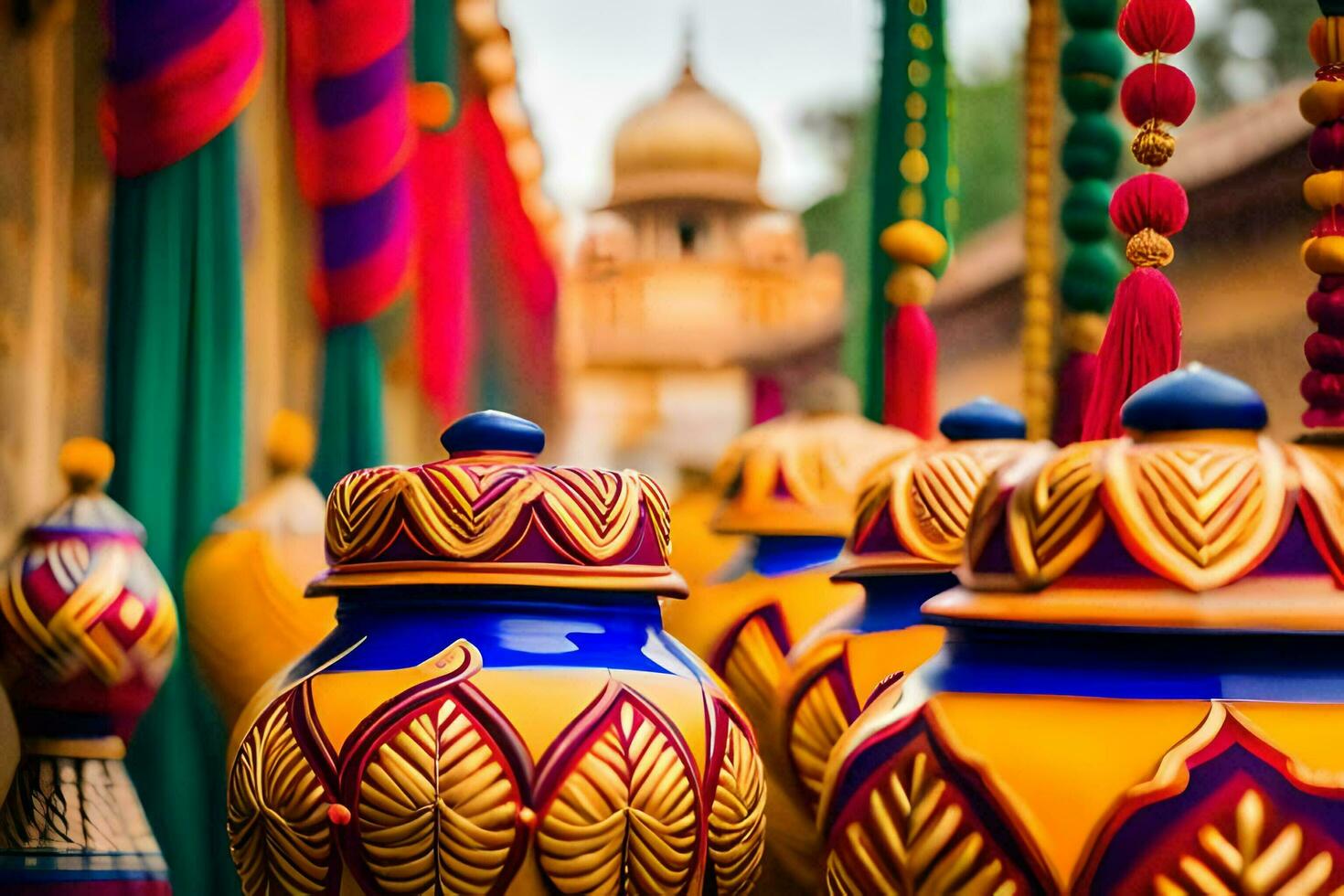 colorful vases are lined up in front of a building. AI-Generated photo