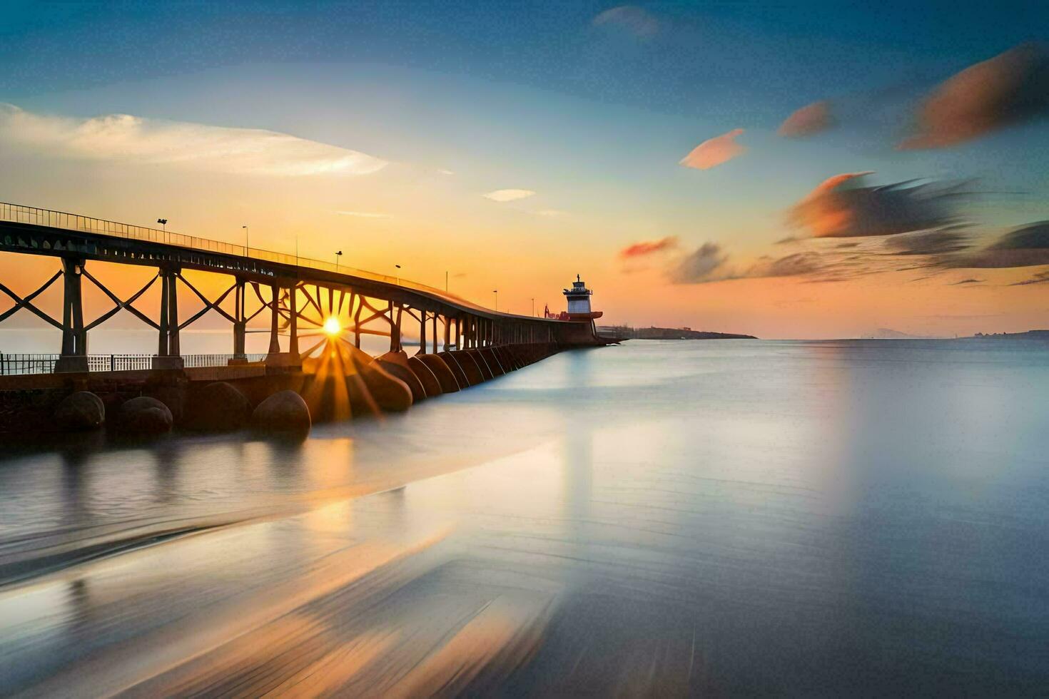 un largo exposición fotografía de un faro a puesta de sol. generado por ai foto