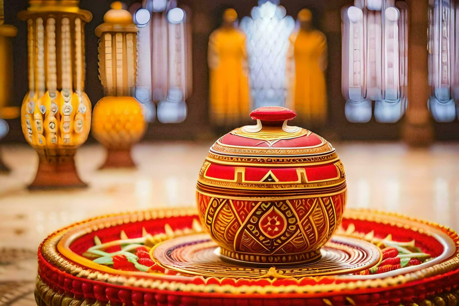 a decorative pot with a red and gold design. AI-Generated photo