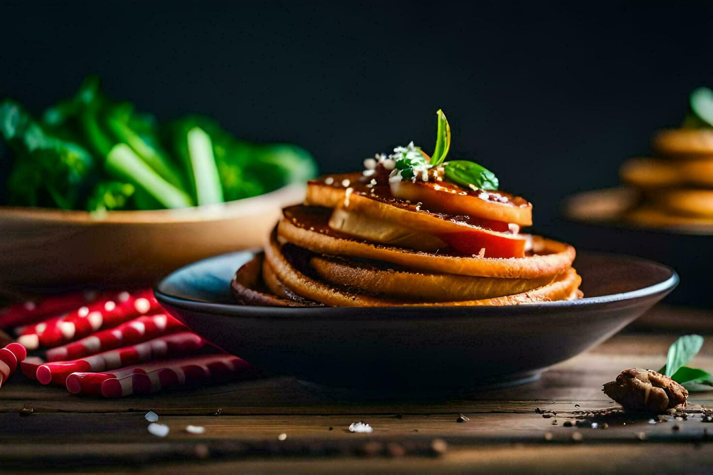 a plate of pancakes with vegetables and herbs. AI-Generated photo