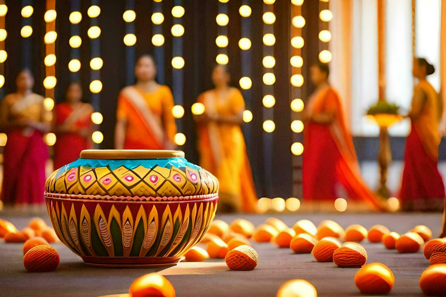 a colorful pot with orange balls on the floor. AI-Generated photo