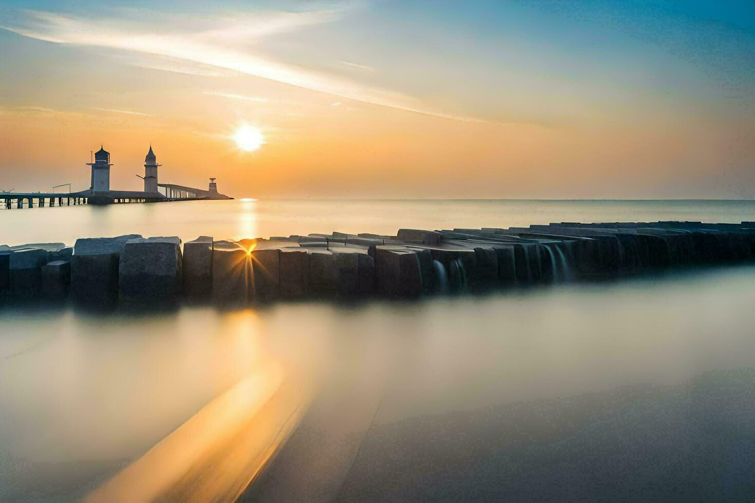 el Dom sube terminado el agua y un faro. generado por ai foto