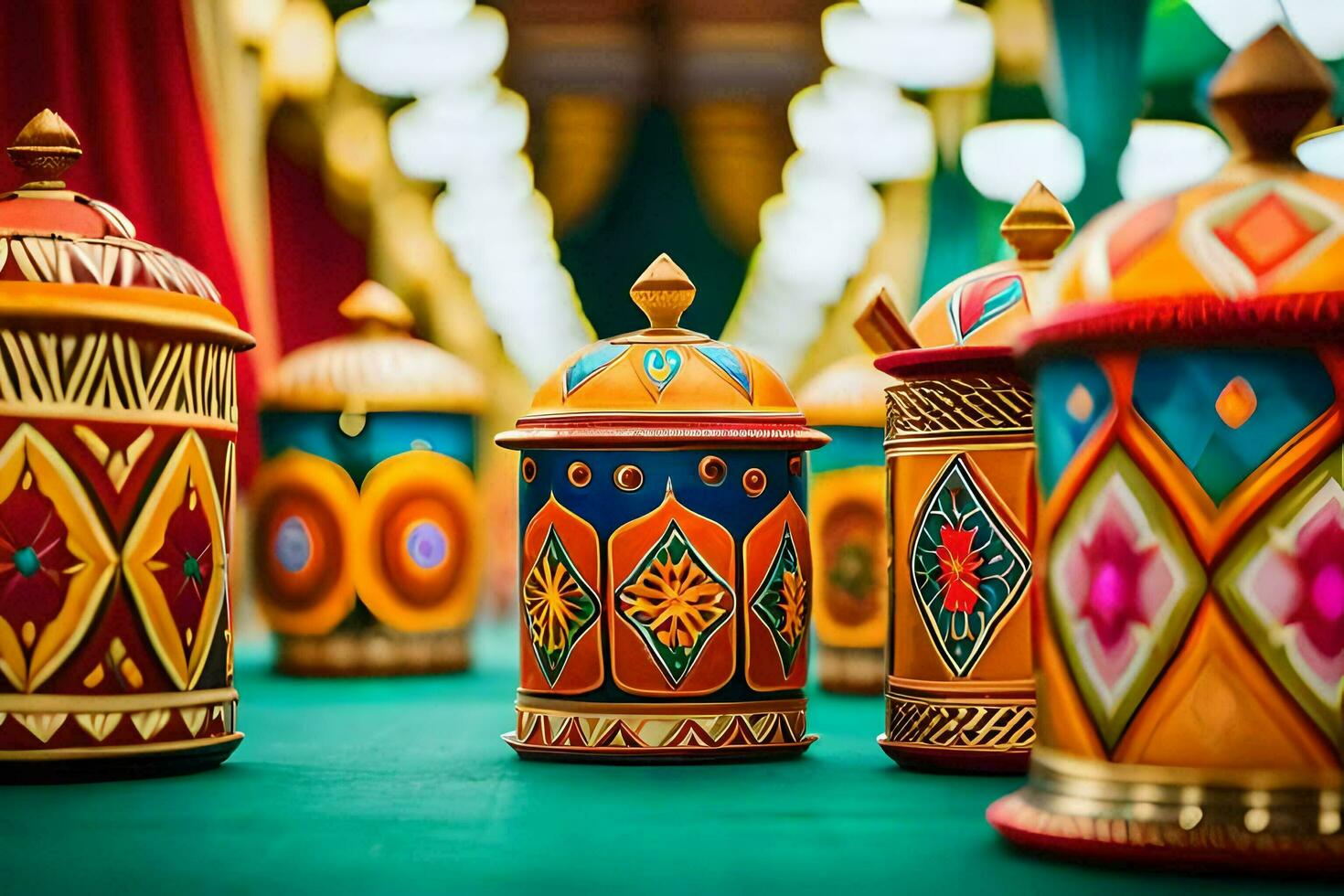 colorful decorative lamps on a green table. AI-Generated photo